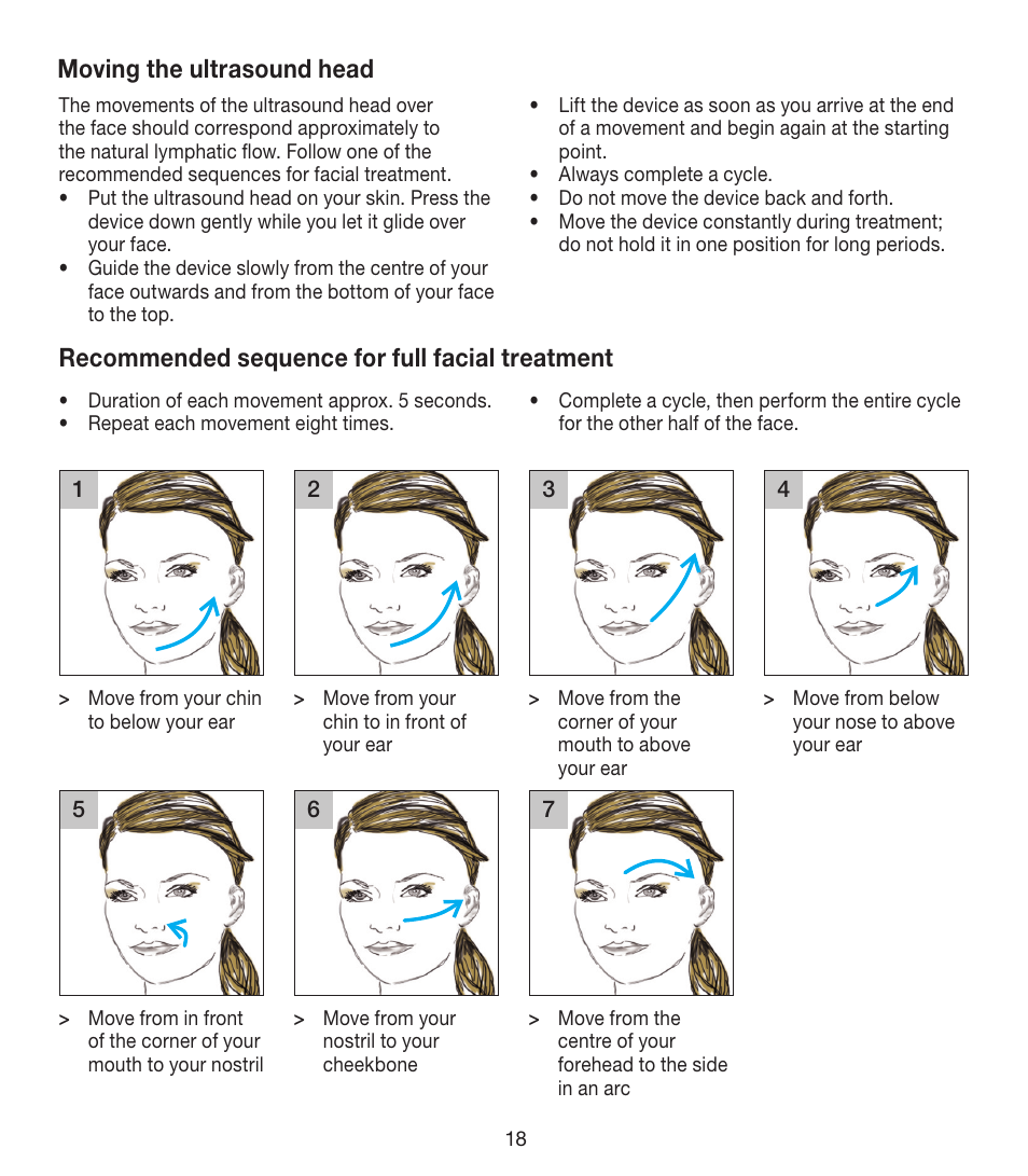 Moving the ultrasound head, Recommended sequence for full facial treatment | Beurer FCE 80 User Manual | Page 18 / 82
