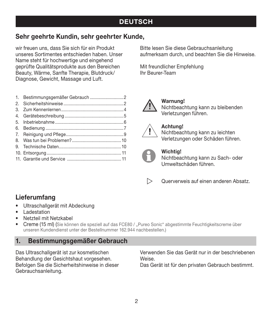 Sehr geehrte kundin, sehr geehrter kunde, Lieferumfang, Bestimmungsgemäßer gebrauch | Beurer FCE 80 User Manual | Page 2 / 82