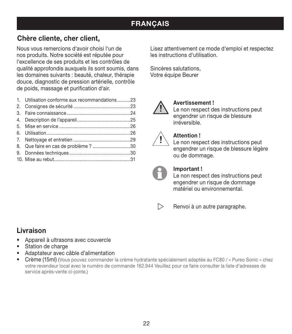 Chère cliente, cher client, Livraison | Beurer FCE 80 User Manual | Page 22 / 82