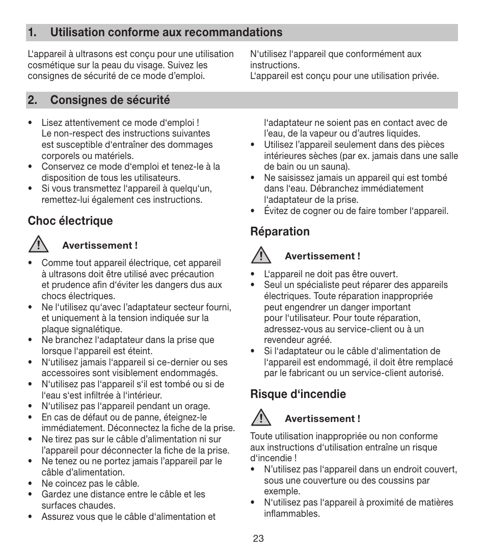 Utilisation conforme aux recommandations, Consignes de sécurité, Choc électrique | Réparation, Risque d‘incendie | Beurer FCE 80 User Manual | Page 23 / 82