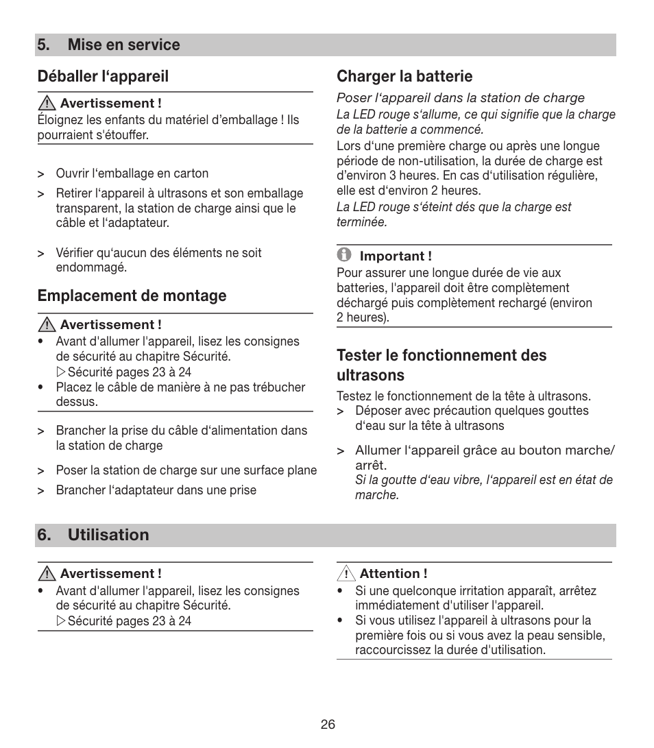 Mise en service déballer l‘appareil, Emplacement de montage, Charger la batterie | Tester le fonctionnement des ultrasons, Utilisation | Beurer FCE 80 User Manual | Page 26 / 82