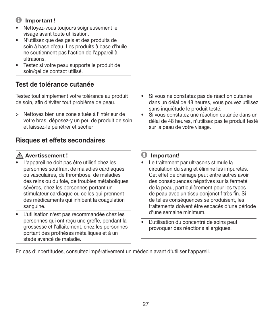 Test de tolérance cutanée, Risques et effets secondaires | Beurer FCE 80 User Manual | Page 27 / 82