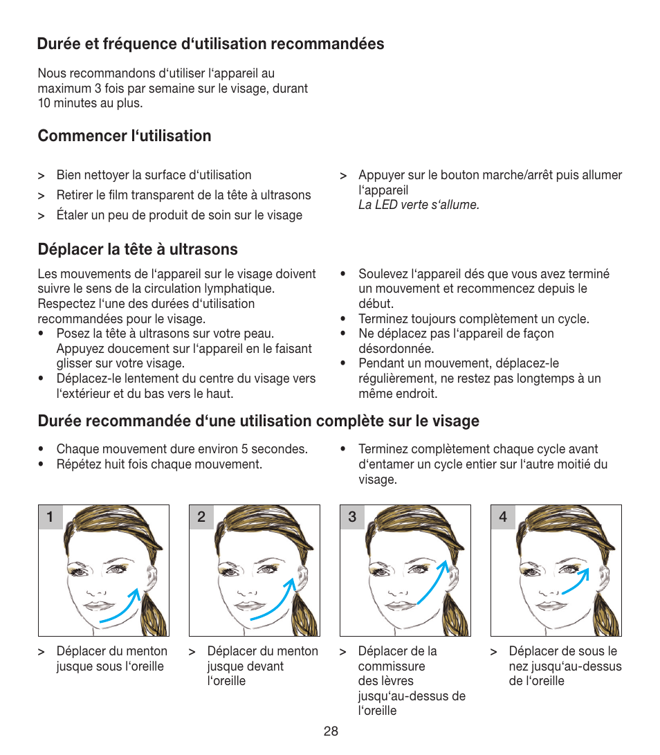 Durée et fréquence d‘utilisation recommandées, Commencer l‘utilisation, Déplacer la tête à ultrasons | Beurer FCE 80 User Manual | Page 28 / 82