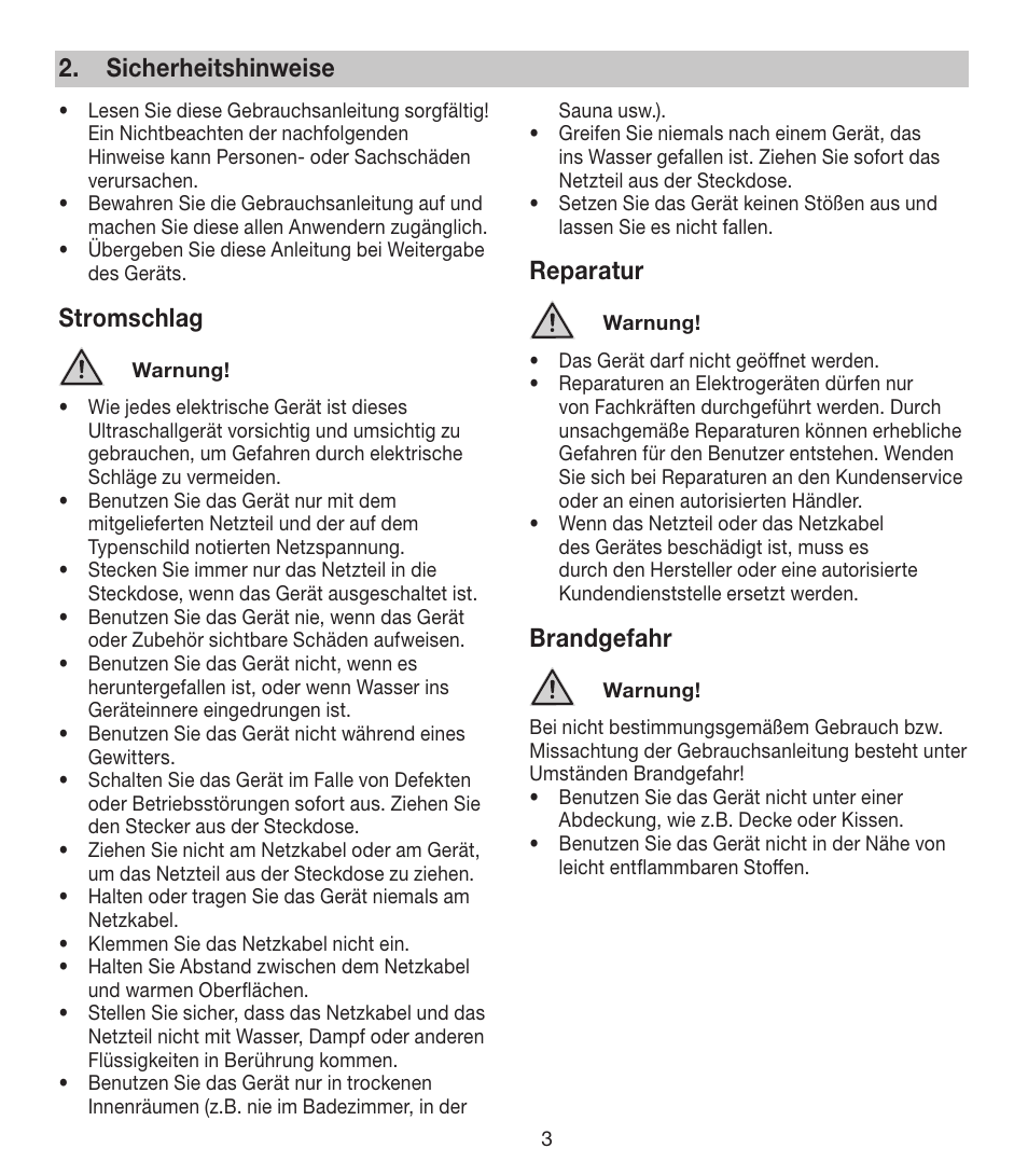 Sicherheitshinweise, Stromschlag, Reparatur | Brandgefahr | Beurer FCE 80 User Manual | Page 3 / 82