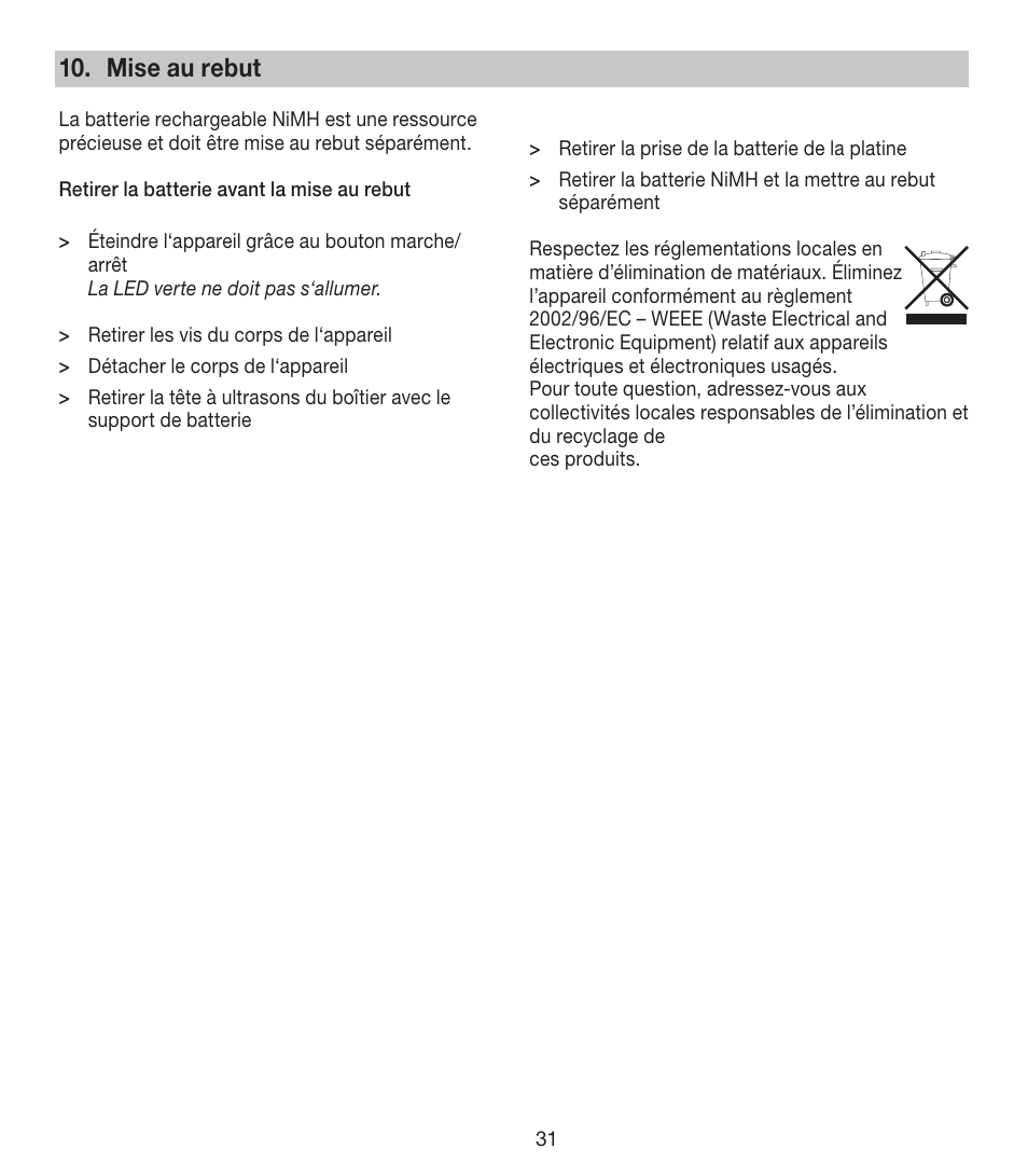 Mise au rebut | Beurer FCE 80 User Manual | Page 31 / 82