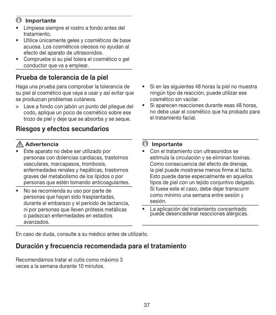 Prueba de tolerancia de la piel, Riesgos y efectos secundarios | Beurer FCE 80 User Manual | Page 37 / 82