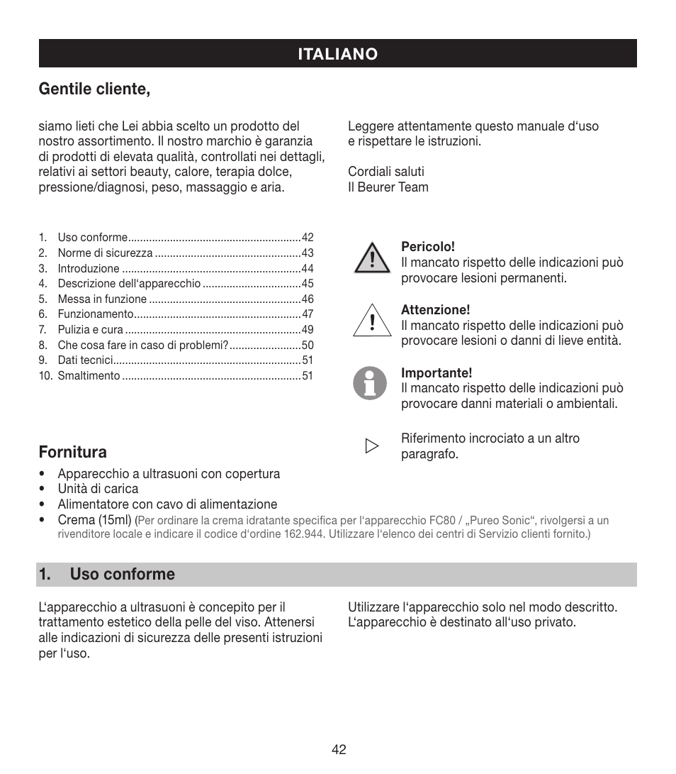 Gentile cliente, Fornitura, Uso conforme | Beurer FCE 80 User Manual | Page 42 / 82