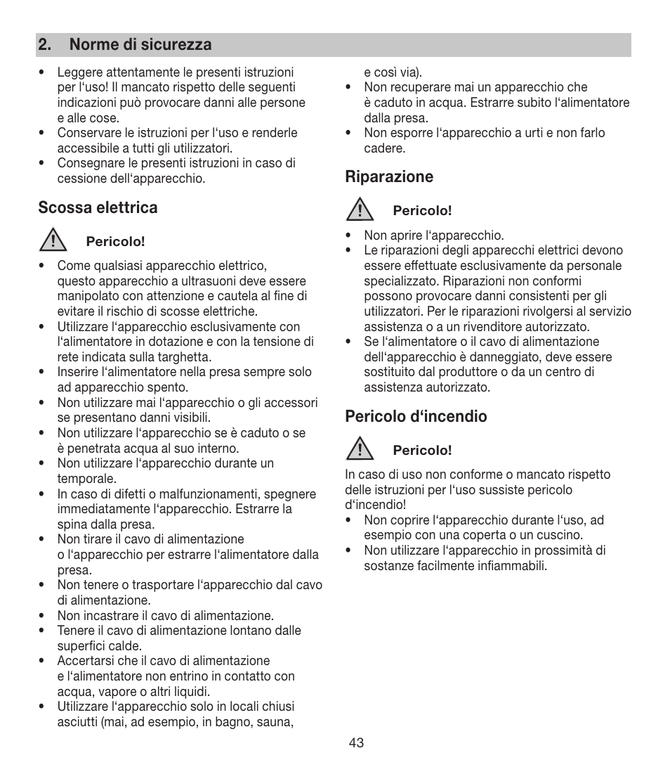 Norme di sicurezza, Scossa elettrica, Riparazione | Pericolo d‘incendio | Beurer FCE 80 User Manual | Page 43 / 82