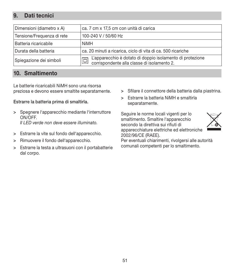 Dati tecnici, Smaltimento | Beurer FCE 80 User Manual | Page 51 / 82