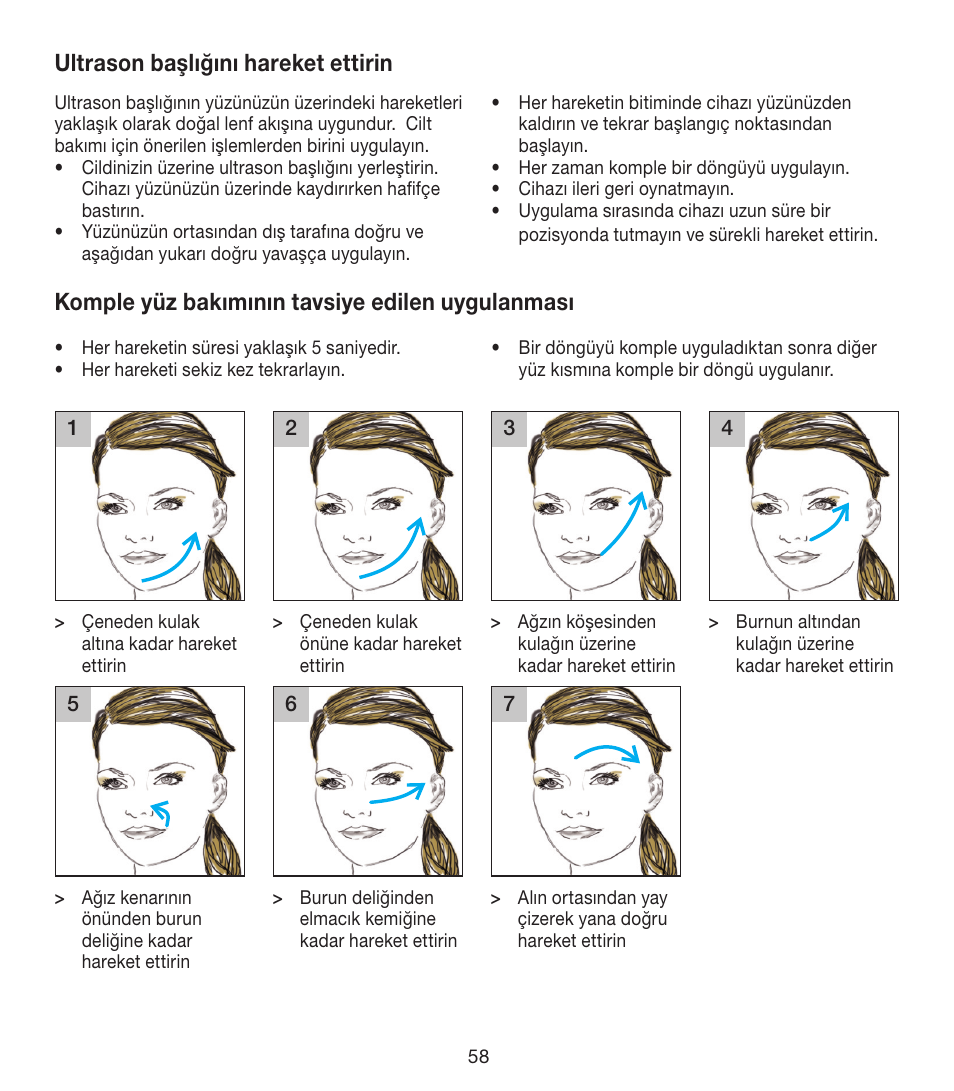 Ultrason başlığını hareket ettirin, Komple yüz bakımının tavsiye edilen uygulanması | Beurer FCE 80 User Manual | Page 58 / 82