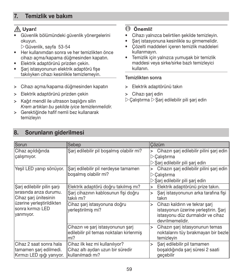 Temizlik ve bakım, Sorunların giderilmesi | Beurer FCE 80 User Manual | Page 59 / 82