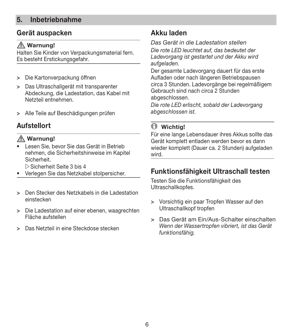 Inbetriebnahme gerät auspacken, Aufstellort, Akku laden | Funktionsfähigkeit ultraschall testen | Beurer FCE 80 User Manual | Page 6 / 82