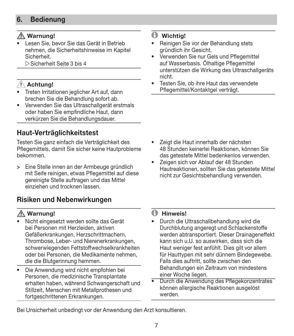 Bedienung, Haut-verträglichkeitstest, Risiken und nebenwirkungen | Beurer FCE 80 User Manual | Page 7 / 82