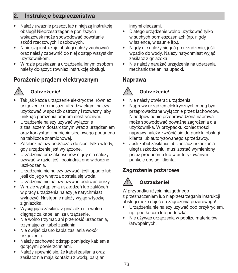 Instrukcje bezpieczeństwa, Porażenie prądem elektrycznym, Naprawa | Zagrożenie pożarowe | Beurer FCE 80 User Manual | Page 73 / 82
