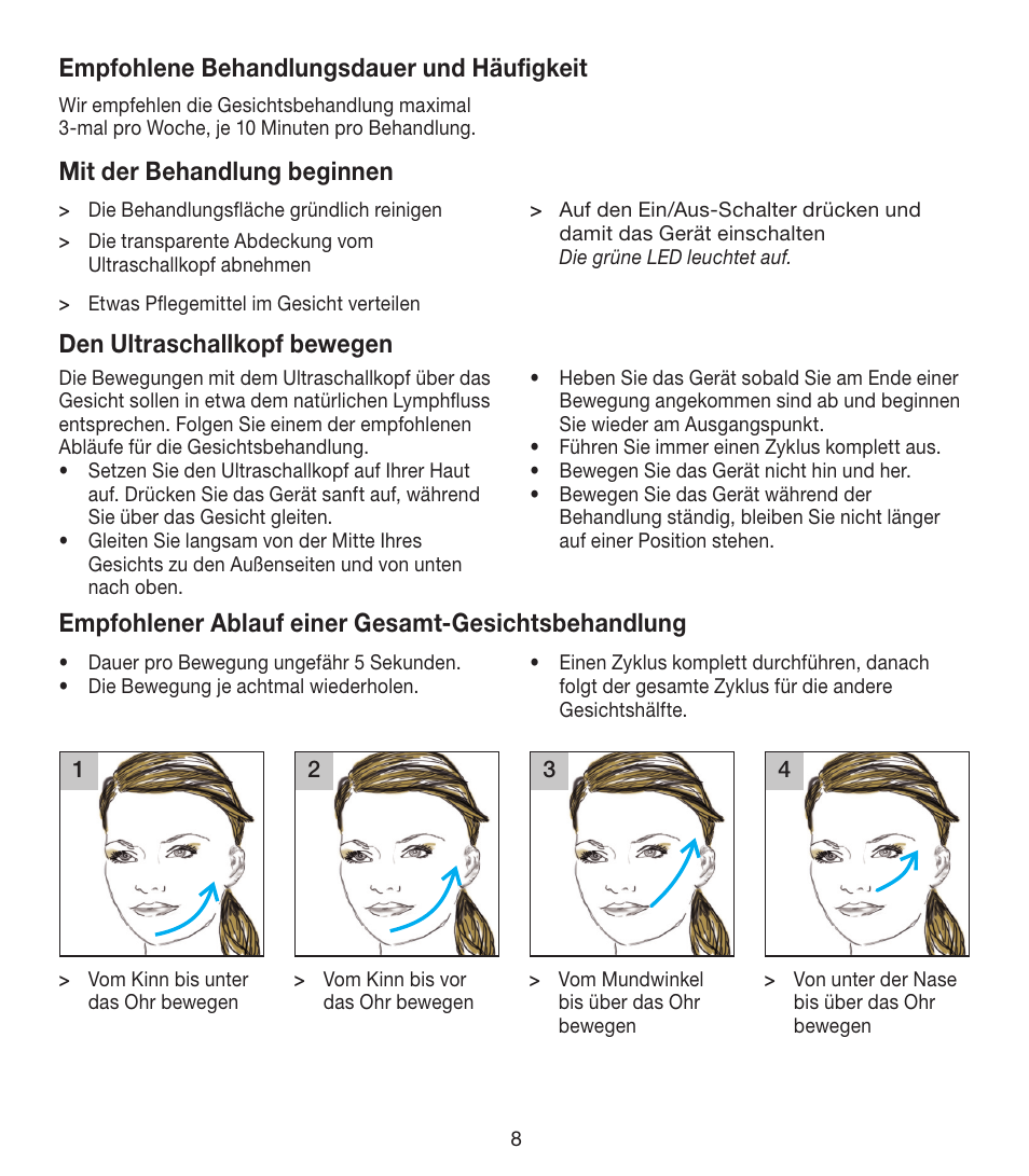 Den ultraschallkopf bewegen, Mit der behandlung beginnen | Beurer FCE 80 User Manual | Page 8 / 82
