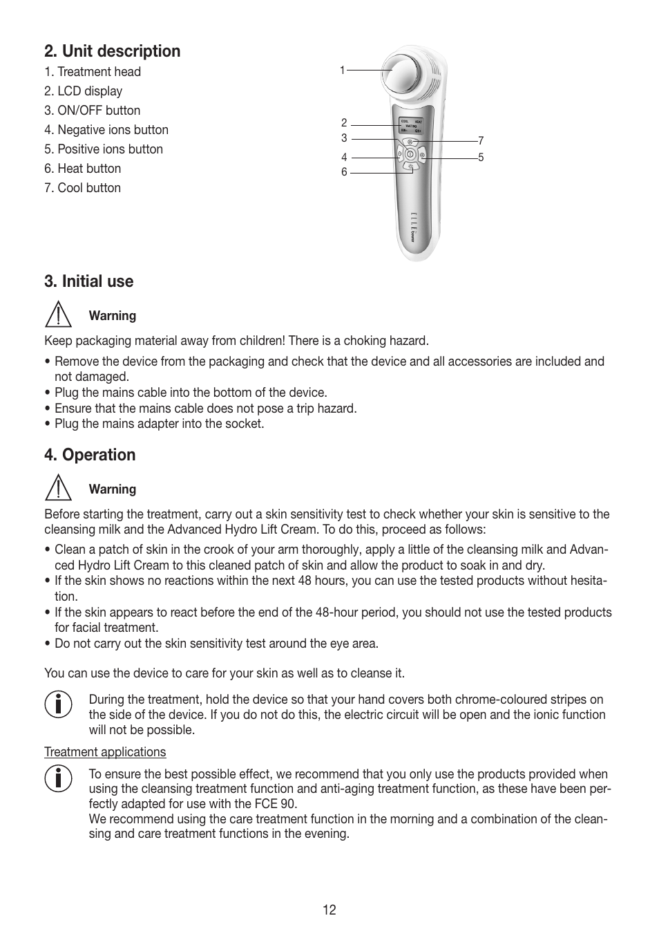 Unit description, Initial use, Operation | Beurer FCE 90 User Manual | Page 12 / 72