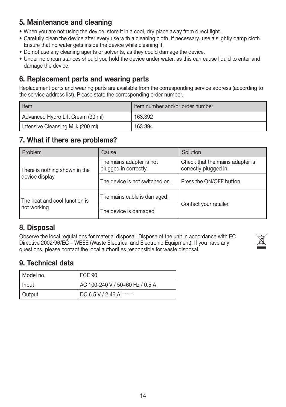 Maintenance and cleaning, Replacement parts and wearing parts, What if there are problems | Disposal, Technical data | Beurer FCE 90 User Manual | Page 14 / 72