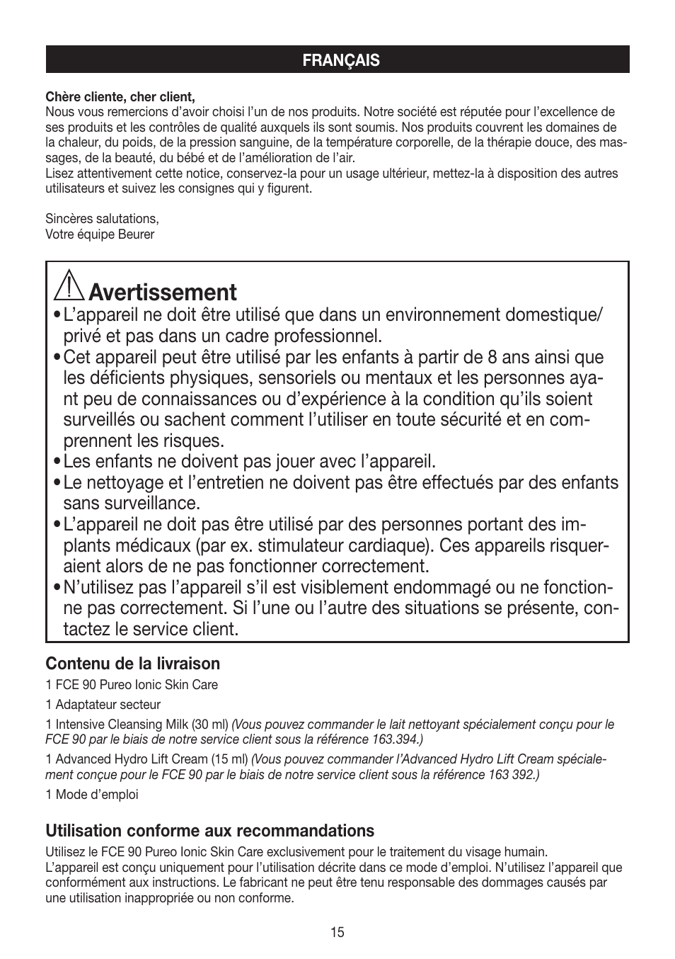 Avertissement | Beurer FCE 90 User Manual | Page 15 / 72