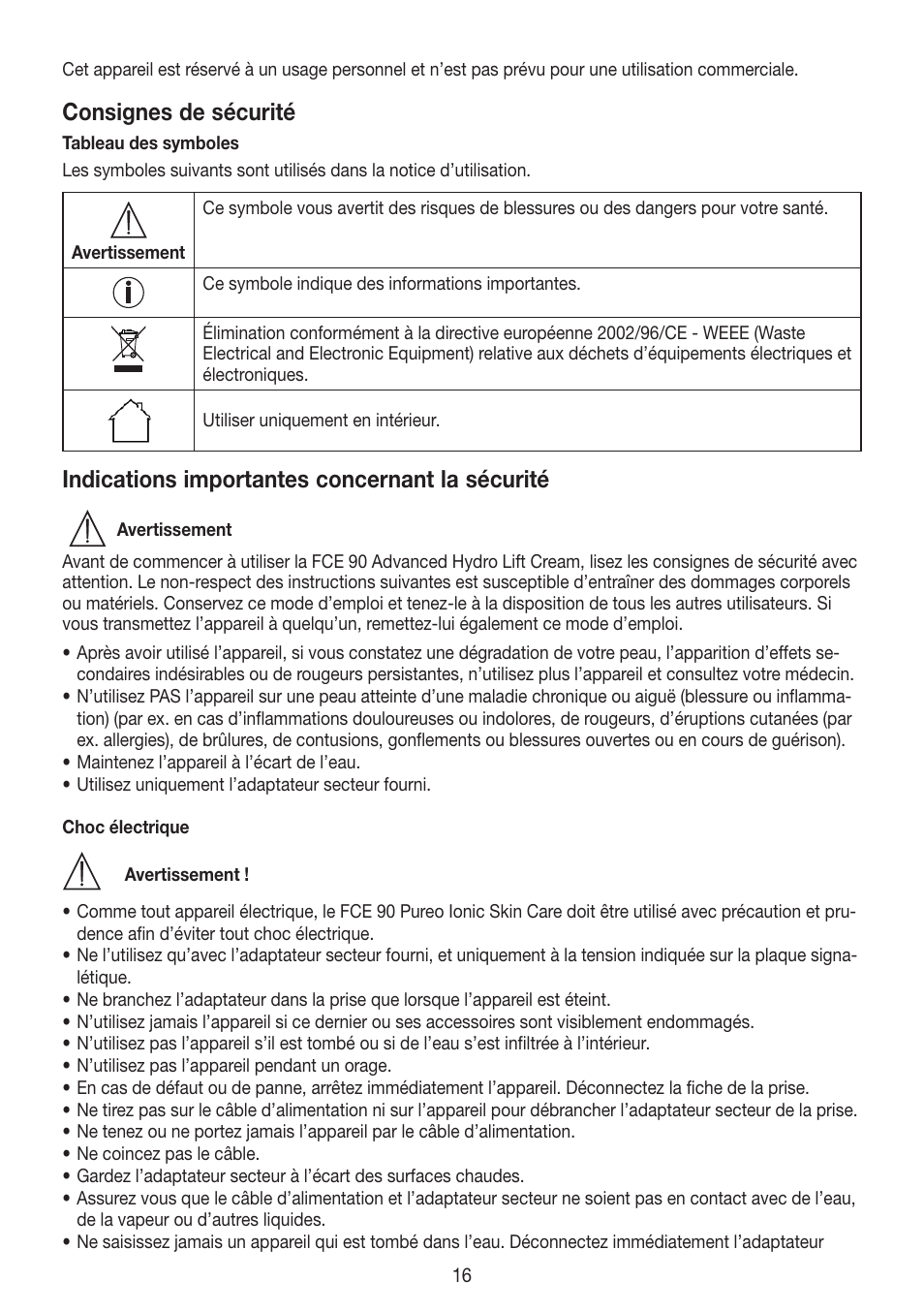 Consignes de sécurité, Indications importantes concernant la sécurité | Beurer FCE 90 User Manual | Page 16 / 72