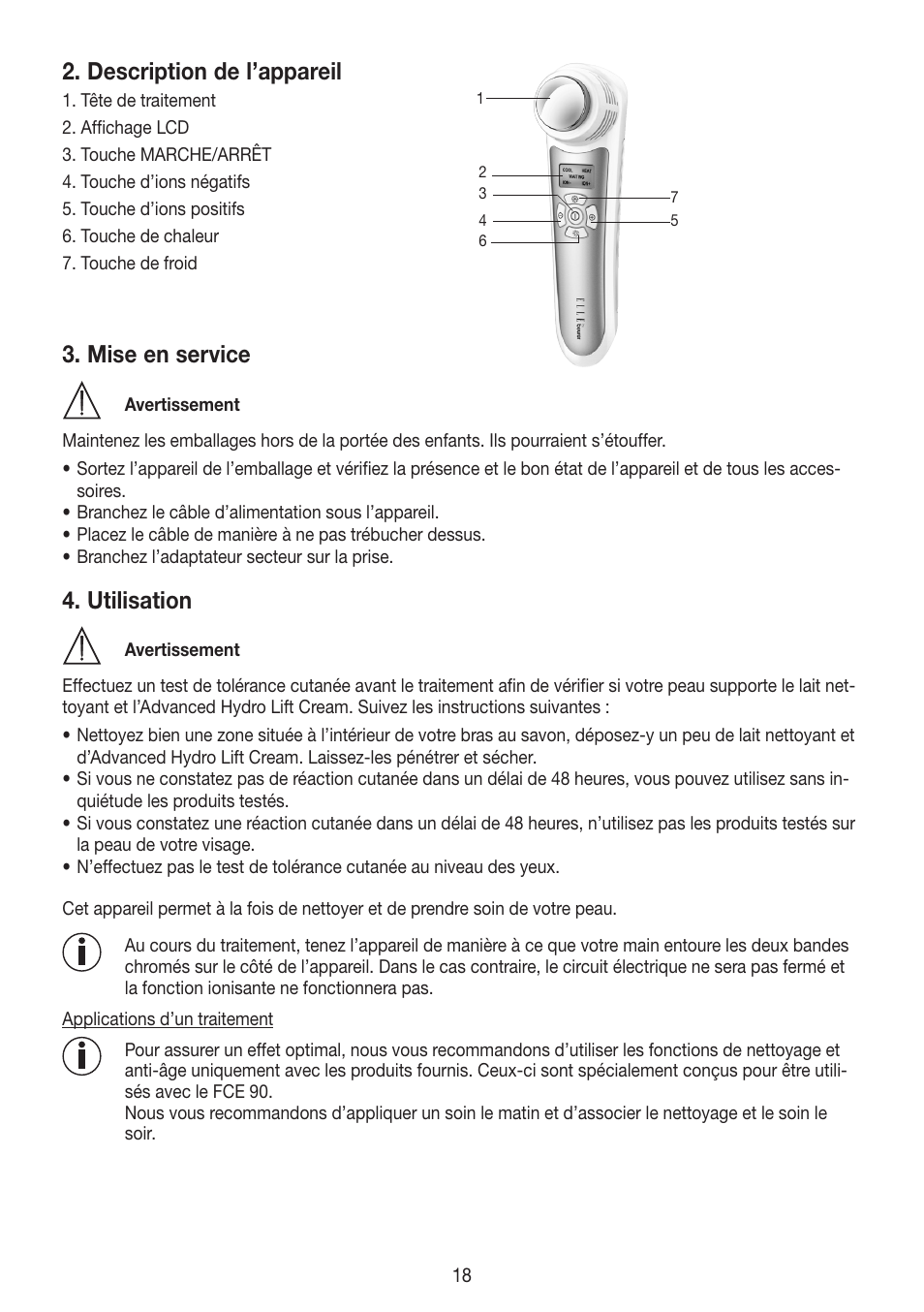 Description de l’appareil, Mise en service, Utilisation | Beurer FCE 90 User Manual | Page 18 / 72