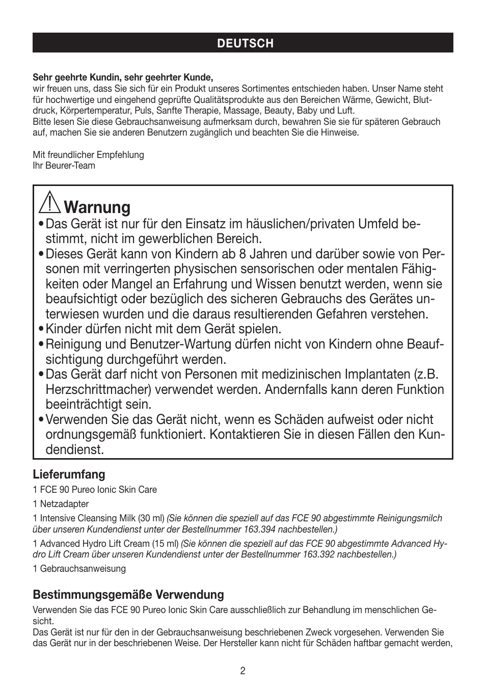 Warnung | Beurer FCE 90 User Manual | Page 2 / 72