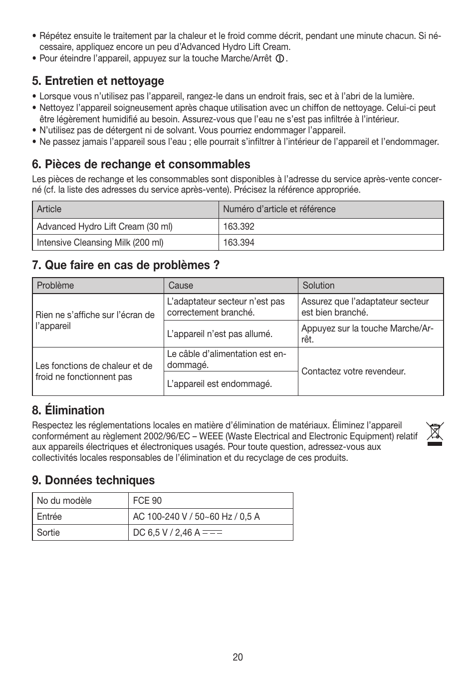 Entretien et nettoyage, Pièces de rechange et consommables, Que faire en cas de problèmes | Élimination, Données techniques | Beurer FCE 90 User Manual | Page 20 / 72