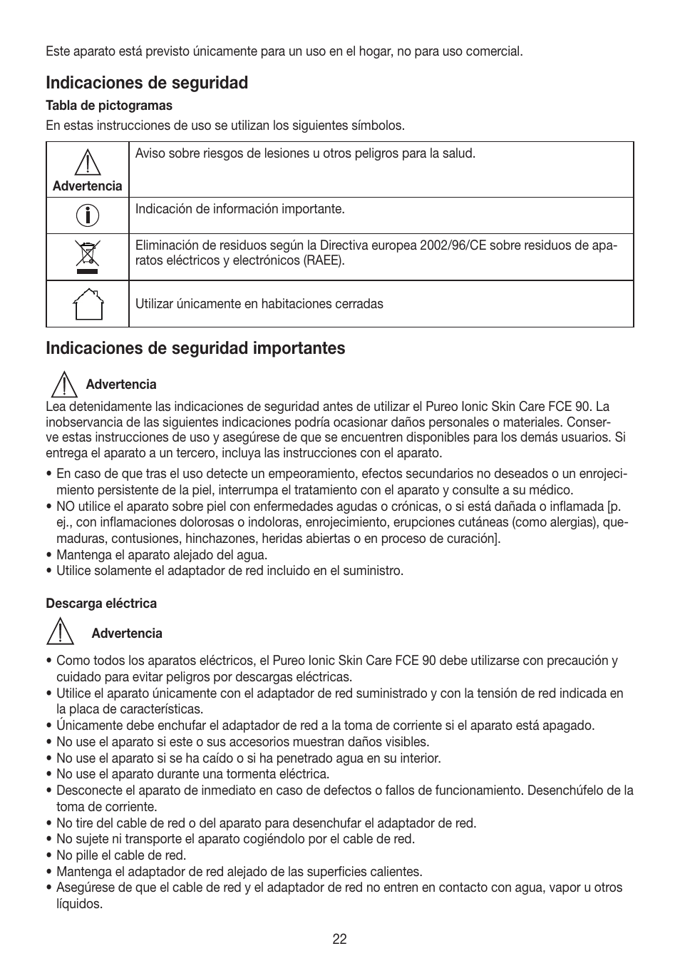 Indicaciones de seguridad, Indicaciones de seguridad importantes | Beurer FCE 90 User Manual | Page 22 / 72