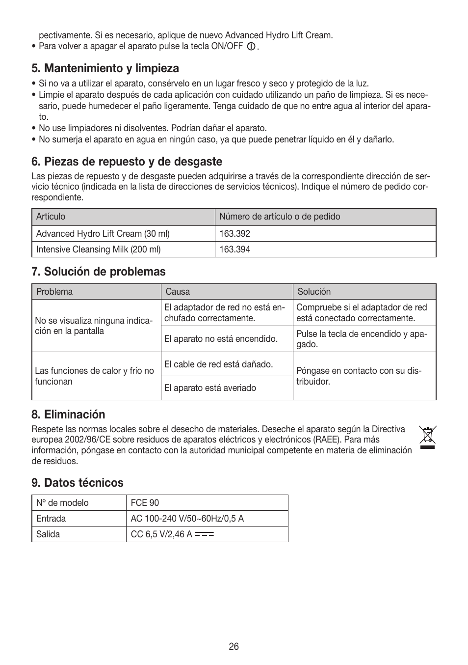 Mantenimiento y limpieza, Piezas de repuesto y de desgaste, Solución de problemas | Eliminación, Datos técnicos | Beurer FCE 90 User Manual | Page 26 / 72