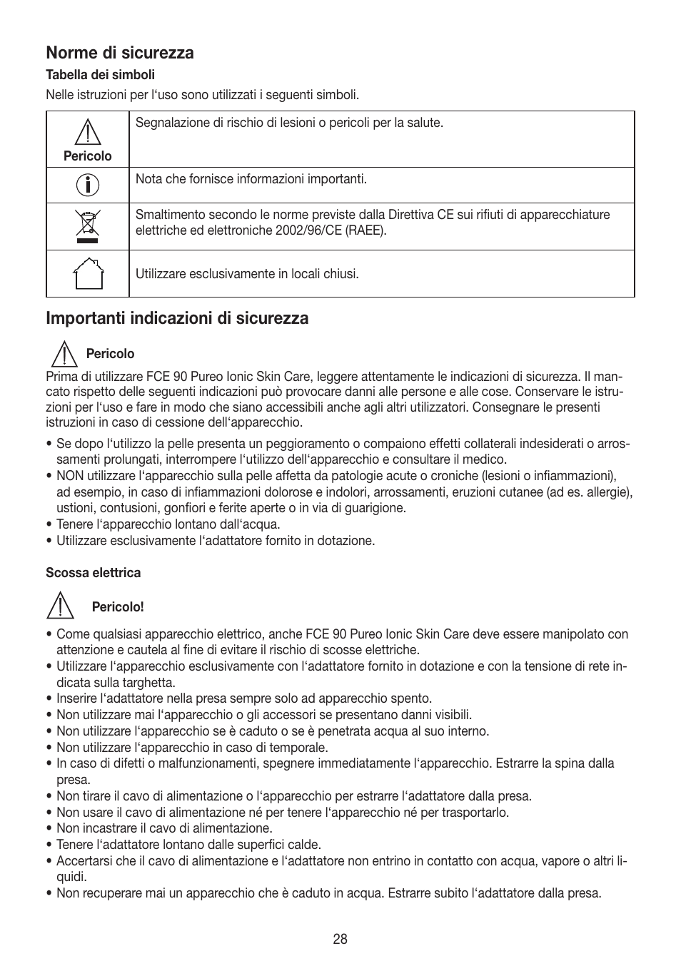 Norme di sicurezza, Importanti indicazioni di sicurezza | Beurer FCE 90 User Manual | Page 28 / 72