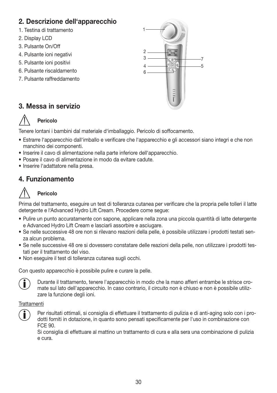 Descrizione dell‘apparecchio, Messa in servizio, Funzionamento | Beurer FCE 90 User Manual | Page 30 / 72