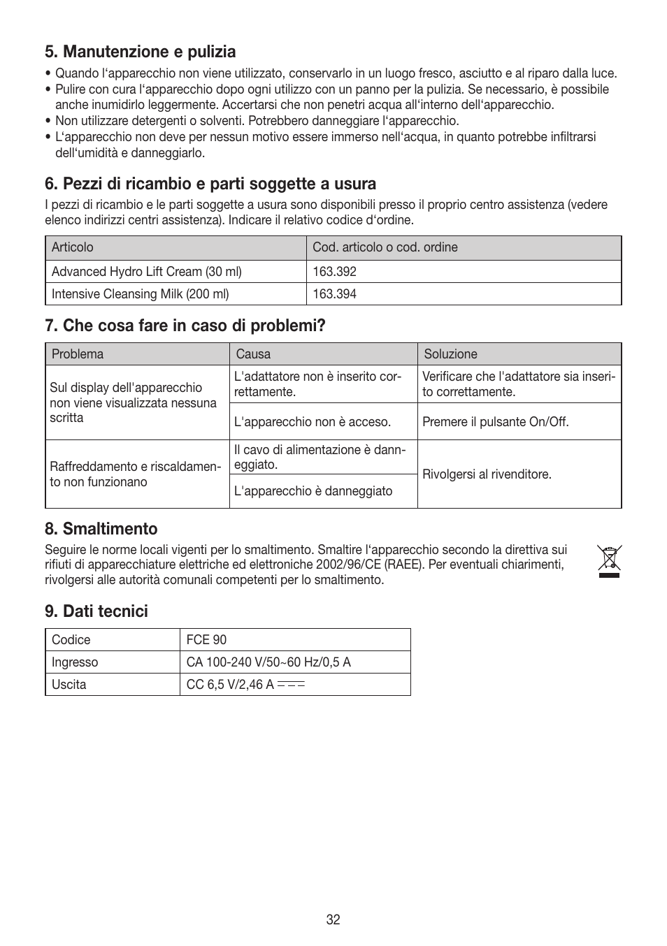 Manutenzione e pulizia, Pezzi di ricambio e parti soggette a usura, Che cosa fare in caso di problemi | Smaltimento, Dati tecnici | Beurer FCE 90 User Manual | Page 32 / 72