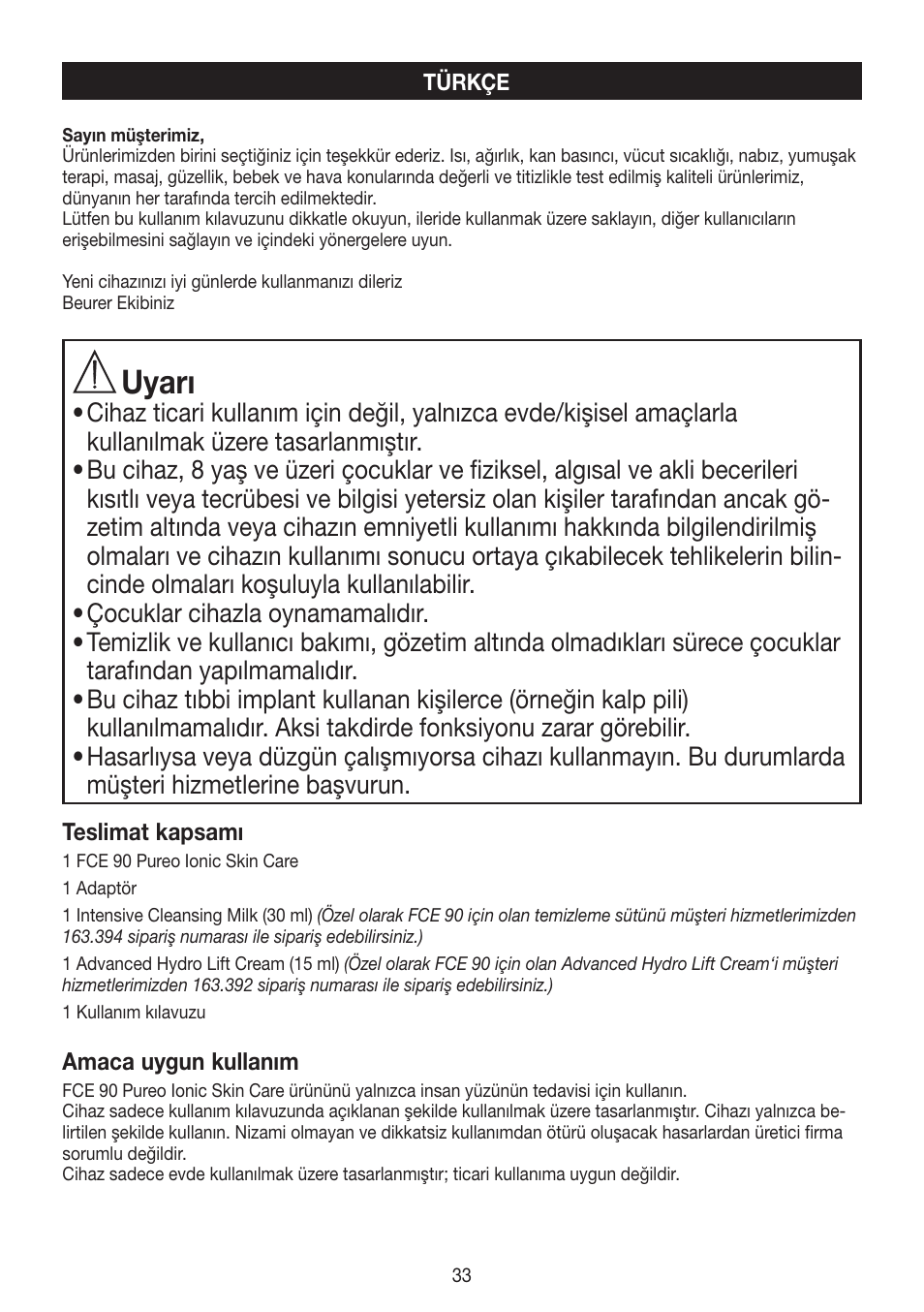 Uyarı | Beurer FCE 90 User Manual | Page 33 / 72