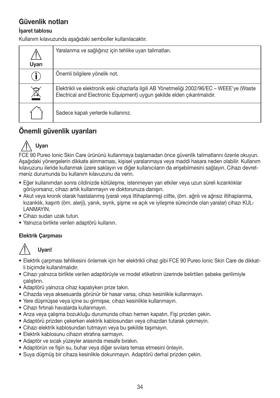 Güvenlik notları, Önemli güvenlik uyarıları | Beurer FCE 90 User Manual | Page 34 / 72