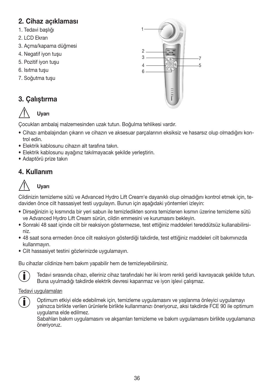 Cihaz açıklaması, Çalıştırma, Kullanım | Beurer FCE 90 User Manual | Page 36 / 72