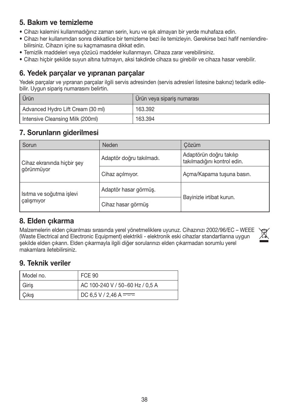 Bakım ve temizleme, Yedek parçalar ve yıpranan parçalar, Sorunların giderilmesi | Elden çıkarma, Teknik veriler | Beurer FCE 90 User Manual | Page 38 / 72