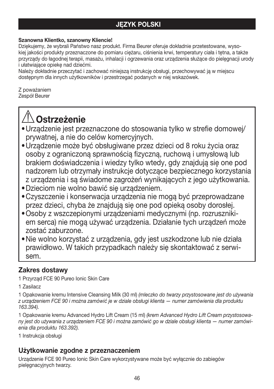 Ostrzeżenie | Beurer FCE 90 User Manual | Page 46 / 72