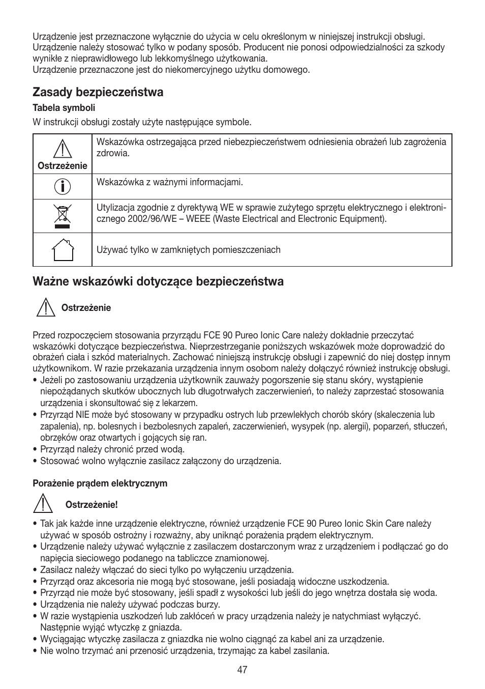 Zasady bezpieczeństwa, Ważne wskazówki dotyczące bezpieczeństwa | Beurer FCE 90 User Manual | Page 47 / 72