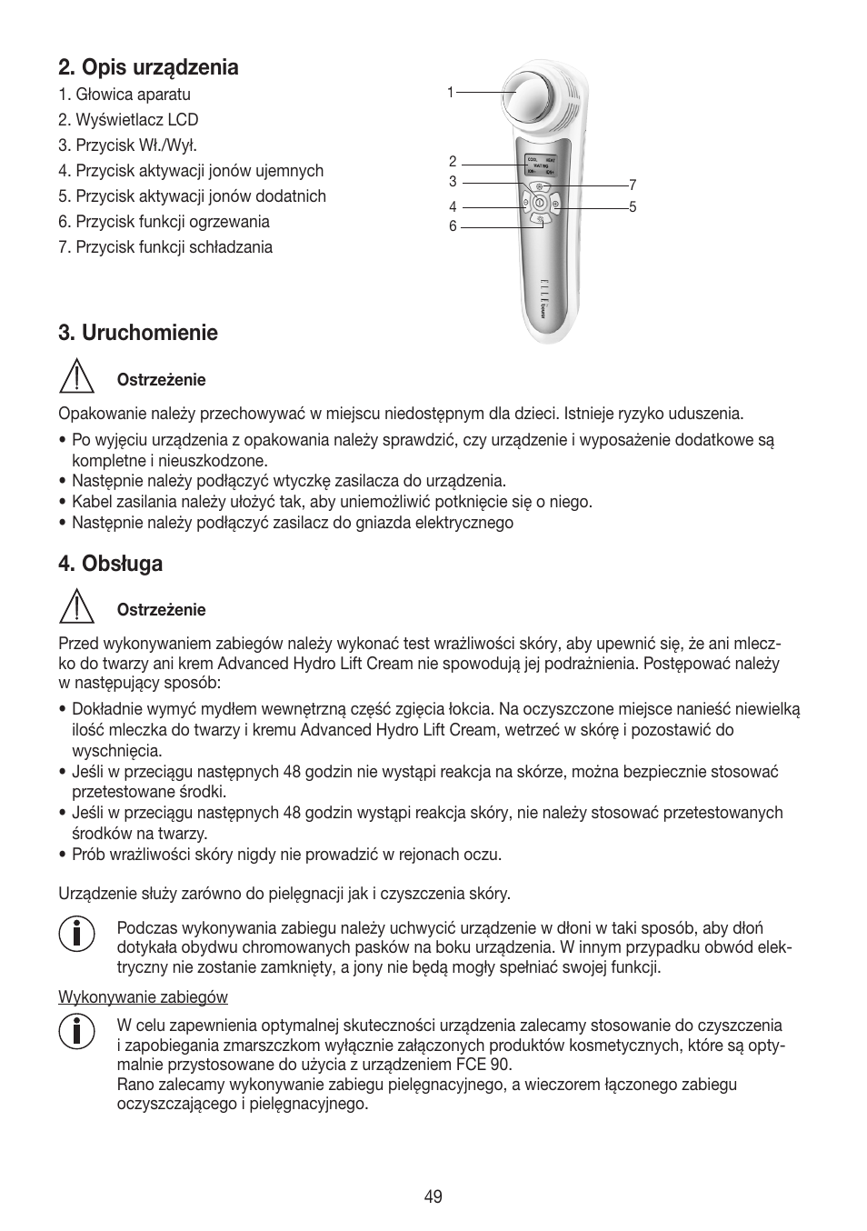 Opis urządzenia, Uruchomienie, Obsługa | Beurer FCE 90 User Manual | Page 49 / 72