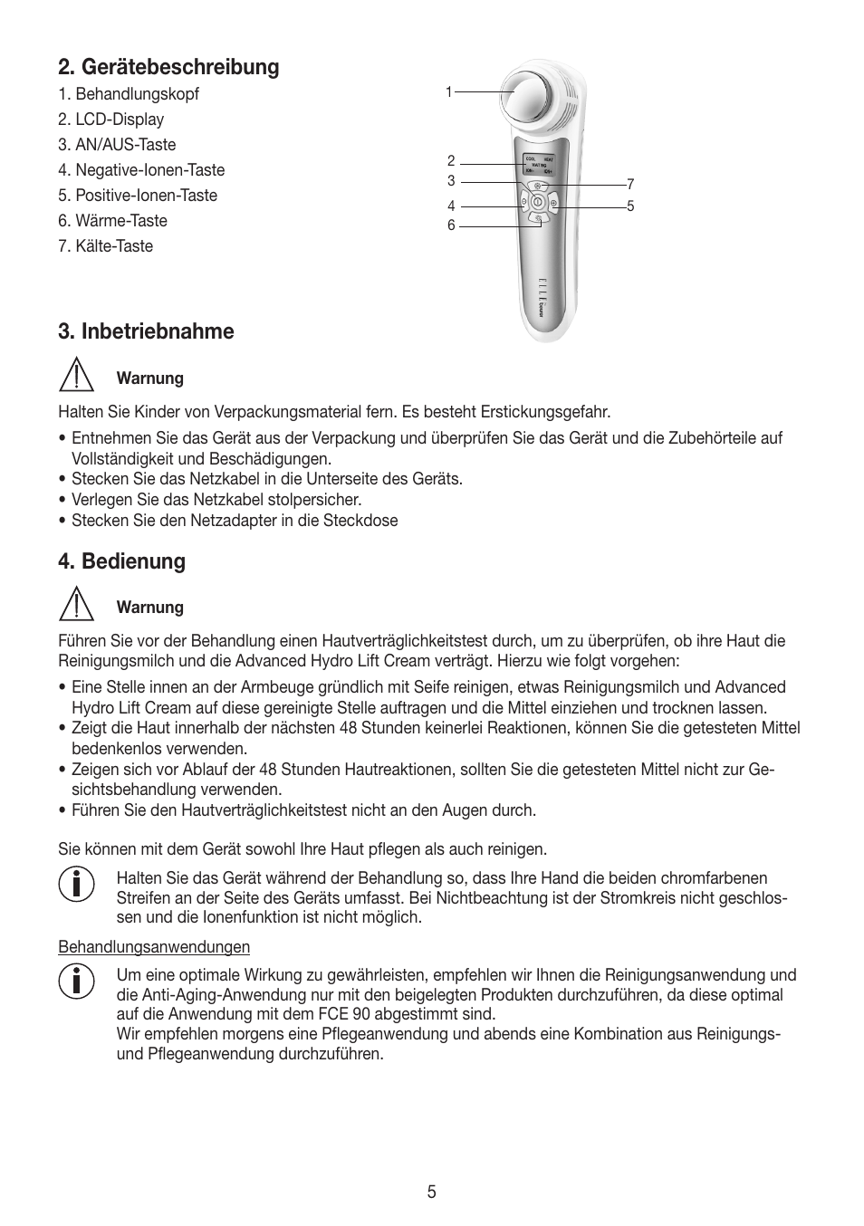 Gerätebeschreibung, Inbetriebnahme, Bedienung | Beurer FCE 90 User Manual | Page 5 / 72