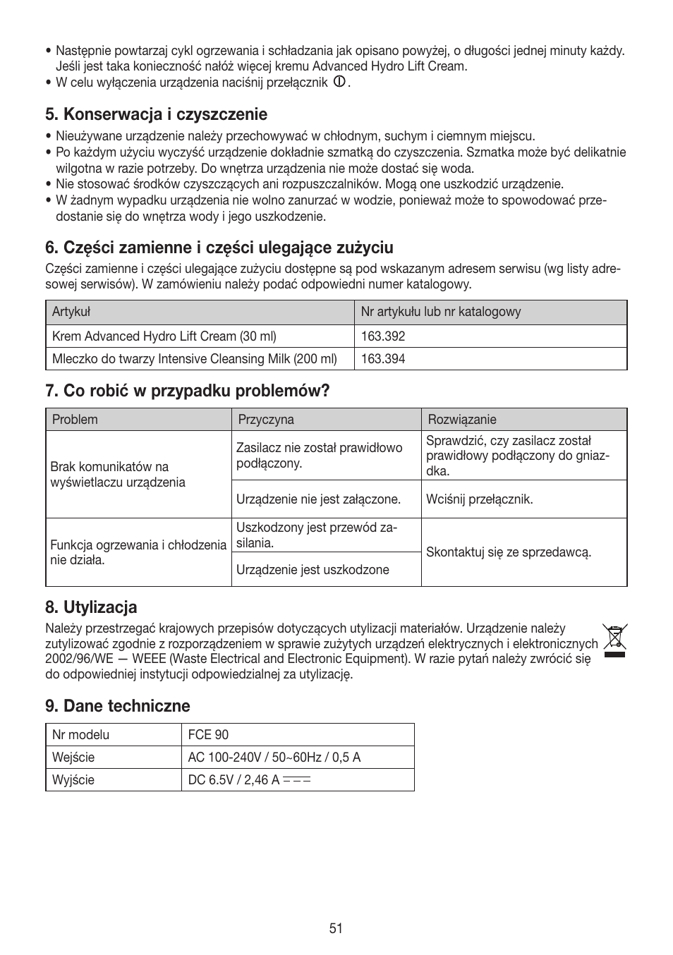 Konserwacja i czyszczenie, Części zamienne i części ulegające zużyciu, Co robić w przypadku problemów | Utylizacja, Dane techniczne | Beurer FCE 90 User Manual | Page 51 / 72