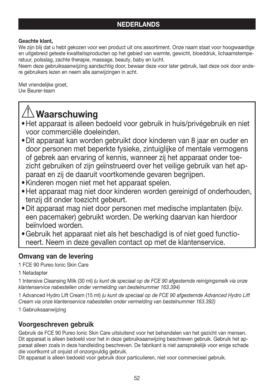 Waarschuwing | Beurer FCE 90 User Manual | Page 52 / 72