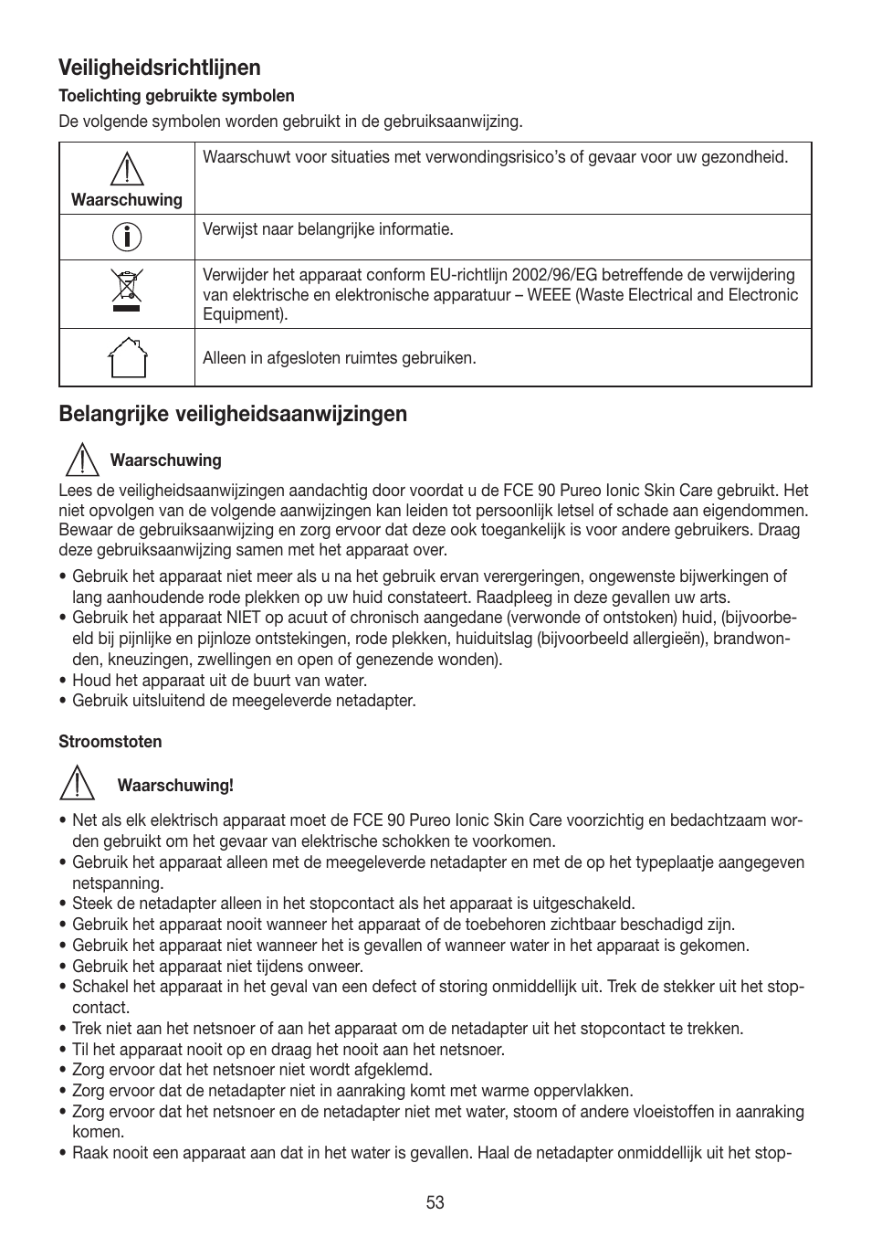 Veiligheidsrichtlijnen, Belangrijke veiligheidsaanwijzingen | Beurer FCE 90 User Manual | Page 53 / 72