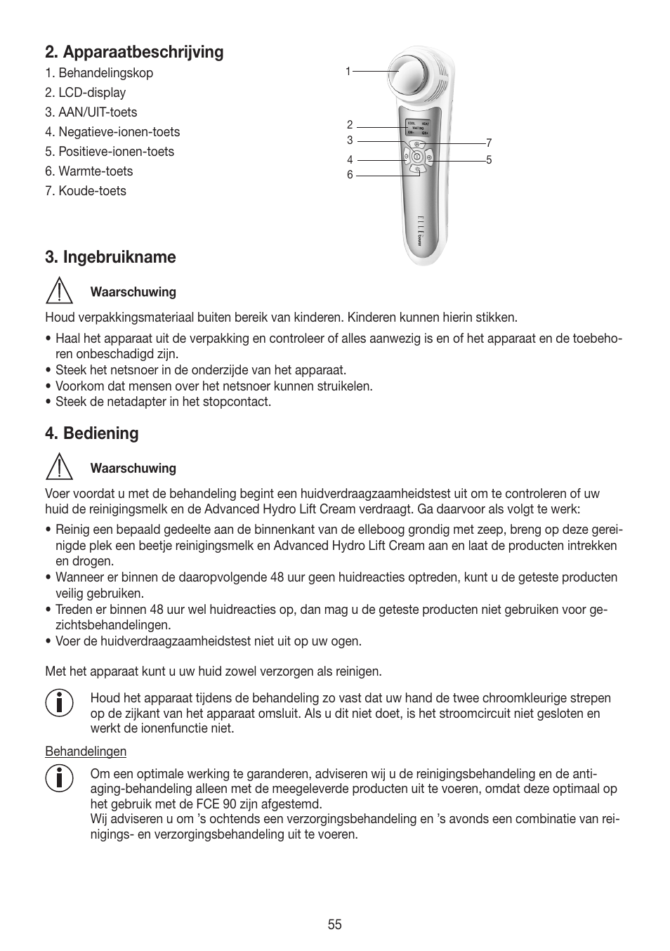 Apparaatbeschrijving, Ingebruikname, Bediening | Beurer FCE 90 User Manual | Page 55 / 72