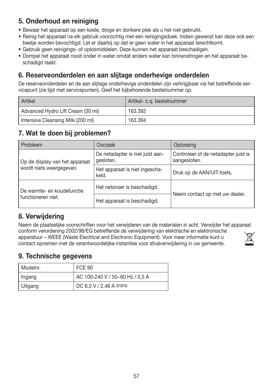 Onderhoud en reiniging, Wat te doen bij problemen, Verwijdering | Technische gegevens | Beurer FCE 90 User Manual | Page 57 / 72