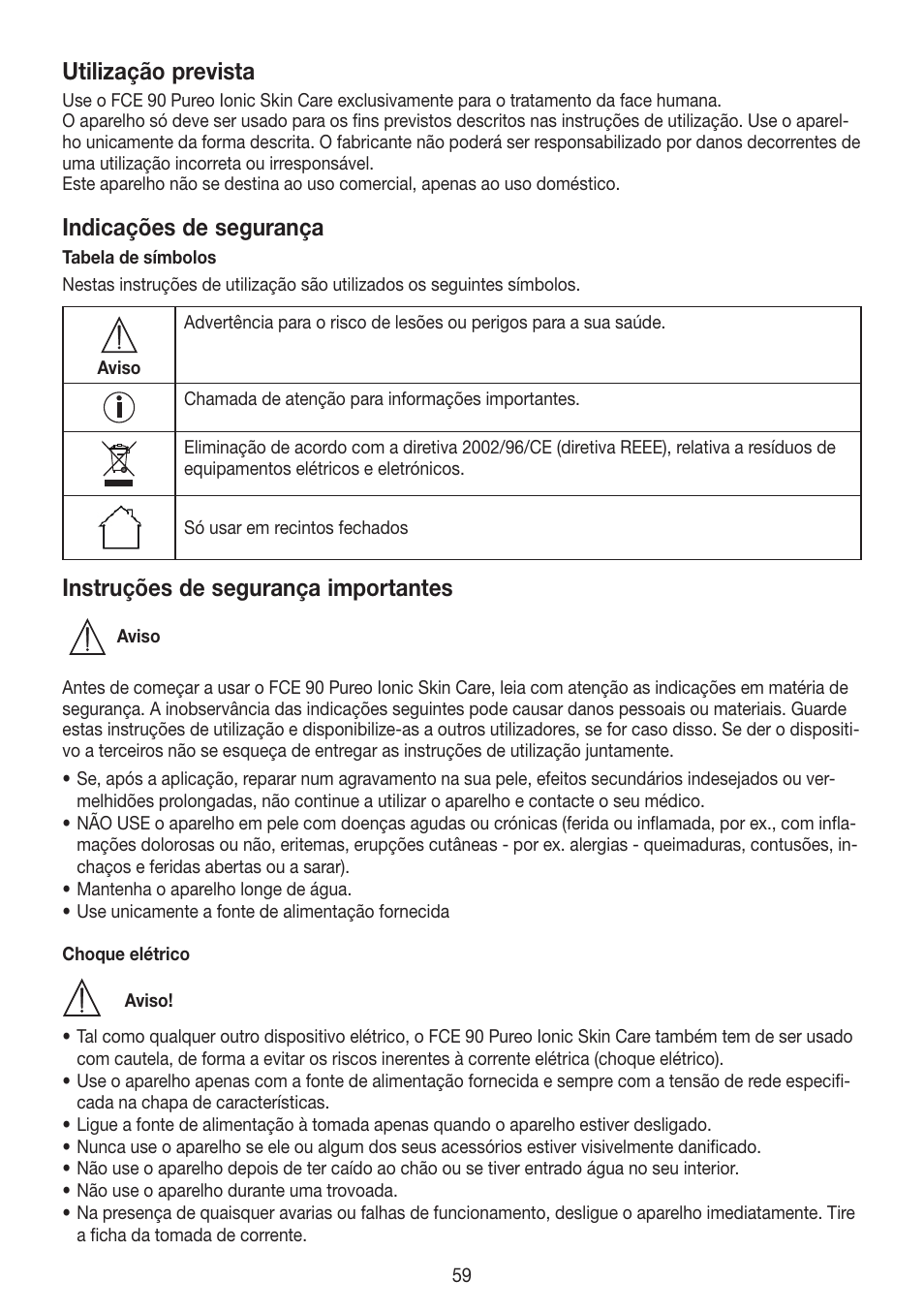 Utilização prevista, Indicações de segurança, Instruções de segurança importantes | Beurer FCE 90 User Manual | Page 59 / 72