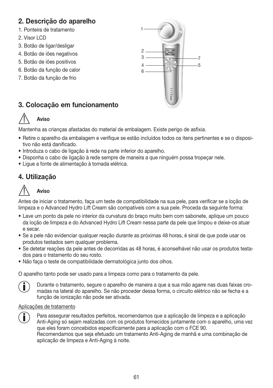 Descrição do aparelho, Colocação em funcionamento, Utilização | Beurer FCE 90 User Manual | Page 61 / 72