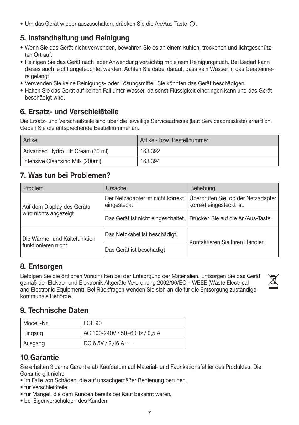 Instandhaltung und reinigung, Ersatz- und verschleißteile, Was tun bei problemen | Entsorgen, Technische daten, Garantie | Beurer FCE 90 User Manual | Page 7 / 72