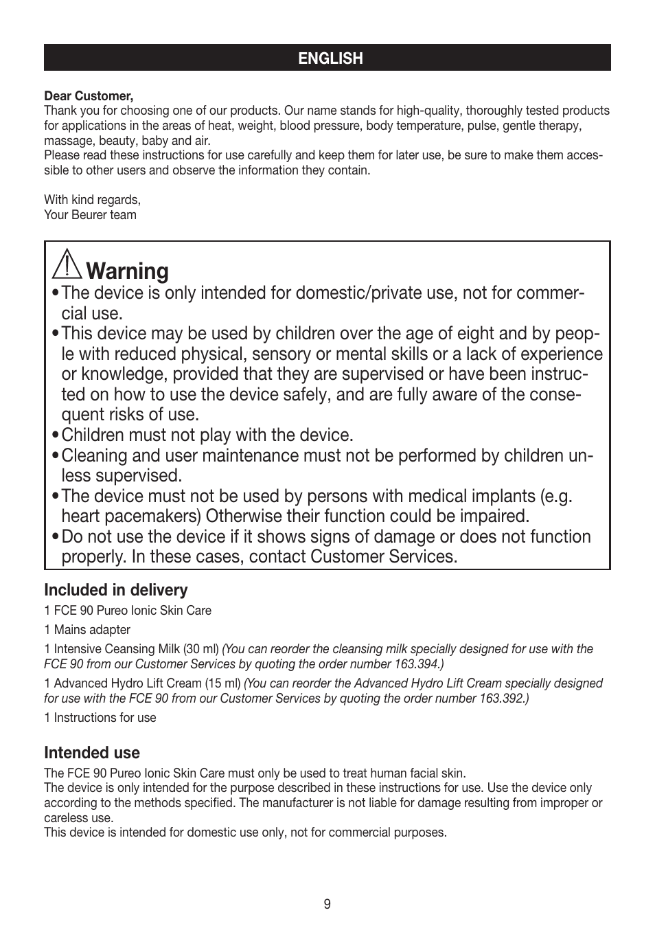 Warning | Beurer FCE 90 User Manual | Page 9 / 72