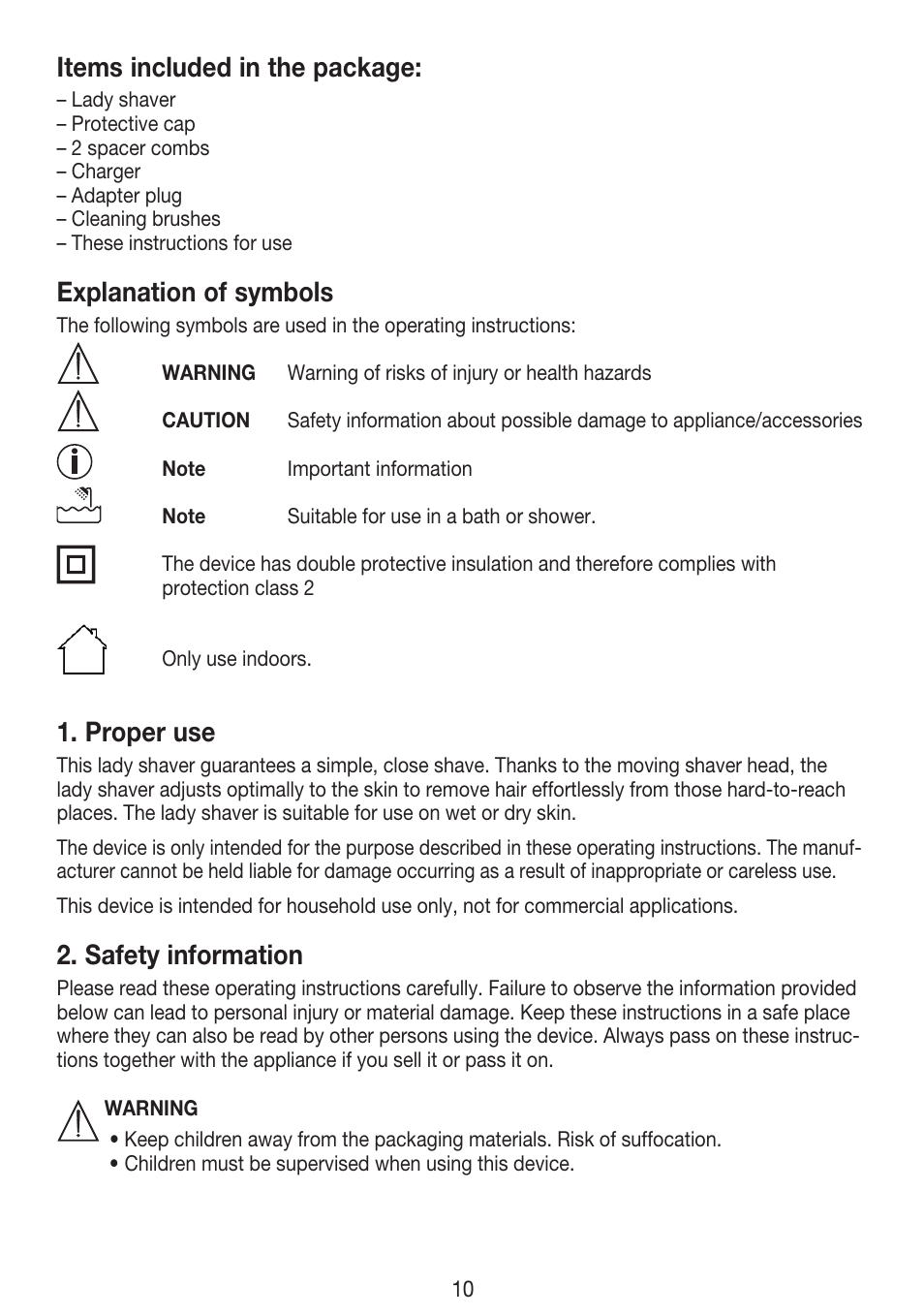 Items included in the package, Explanation of symbols, Proper use | Safety information | Beurer HLE 30 User Manual | Page 10 / 72