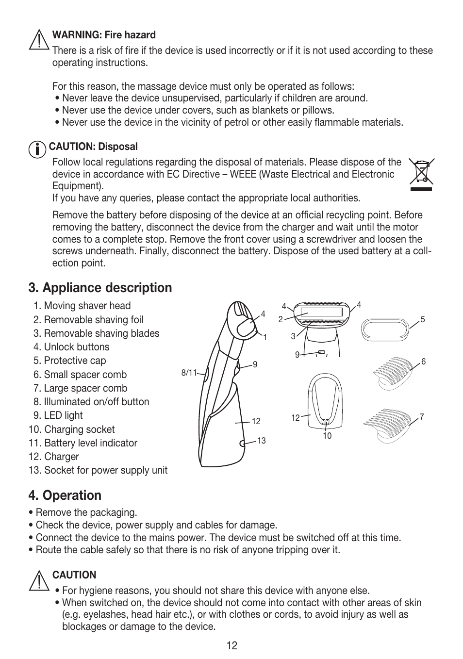 Appliance description, Operation | Beurer HLE 30 User Manual | Page 12 / 72